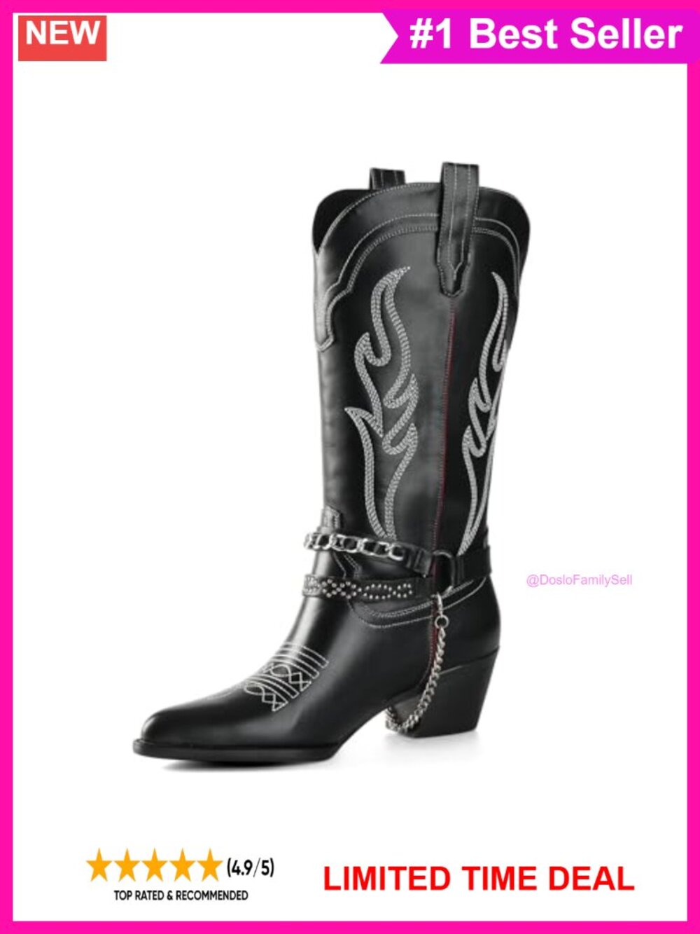 Mid-Calf Faux Leather Western Boots Pointy Toe Chunky Heel Embroidered